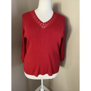 Sag Harbor Red Crochet V Neck & 3/4 Sleeve Sweater Top Woman’s Plus Size 1X New